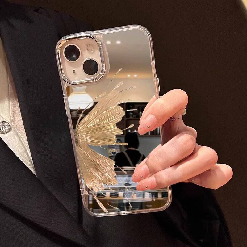 【高品质】小众镜面手机壳适用苹果16promax金色蝴蝶补妆镜iPhone14pro全包高级感13硅胶防摔15网红女款奢华