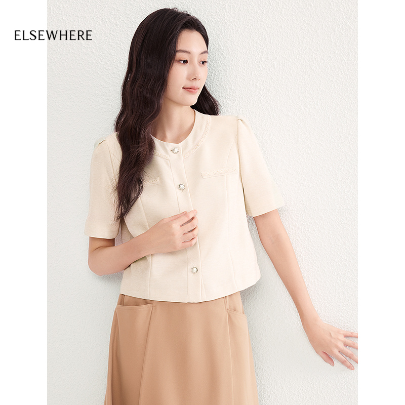 ELSEWHERE珂思【商场同款】气质圆领单排多扣短袖衬衫女夏季新款