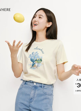ELSEWHERE珂思【商场同款】时尚圆领纯棉短袖t恤女上衣夏季新款