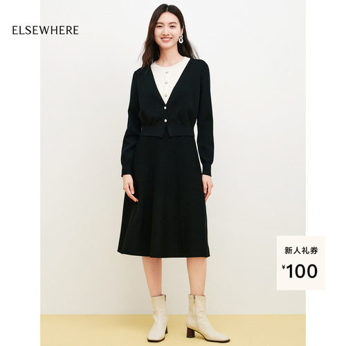 ELSEWHERE珂思时尚圆领拼色针织连衣裙女秋季新款