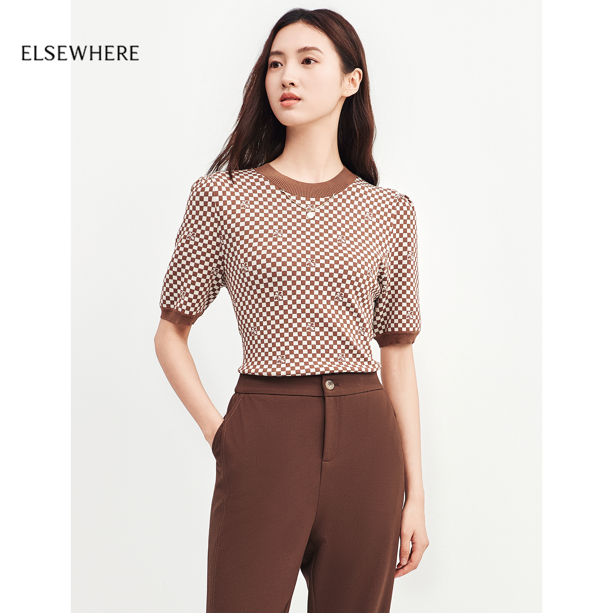ELSEWHERE珂思【商场同款】时尚复古棋盘格橙色针织衫女秋季新款