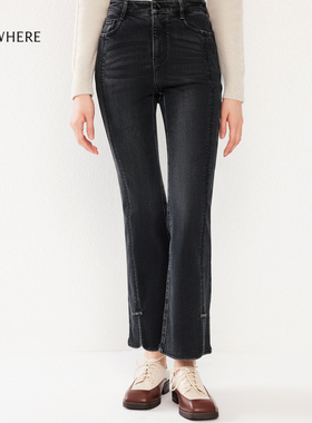 【年货新降】ELSEWHERE珂思[]时尚牛仔裤女冬季新款高腰微喇开叉