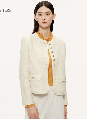 ELSEWHERE珂思【商场同款】金豆羊毛香风白色短款外套女秋季新款