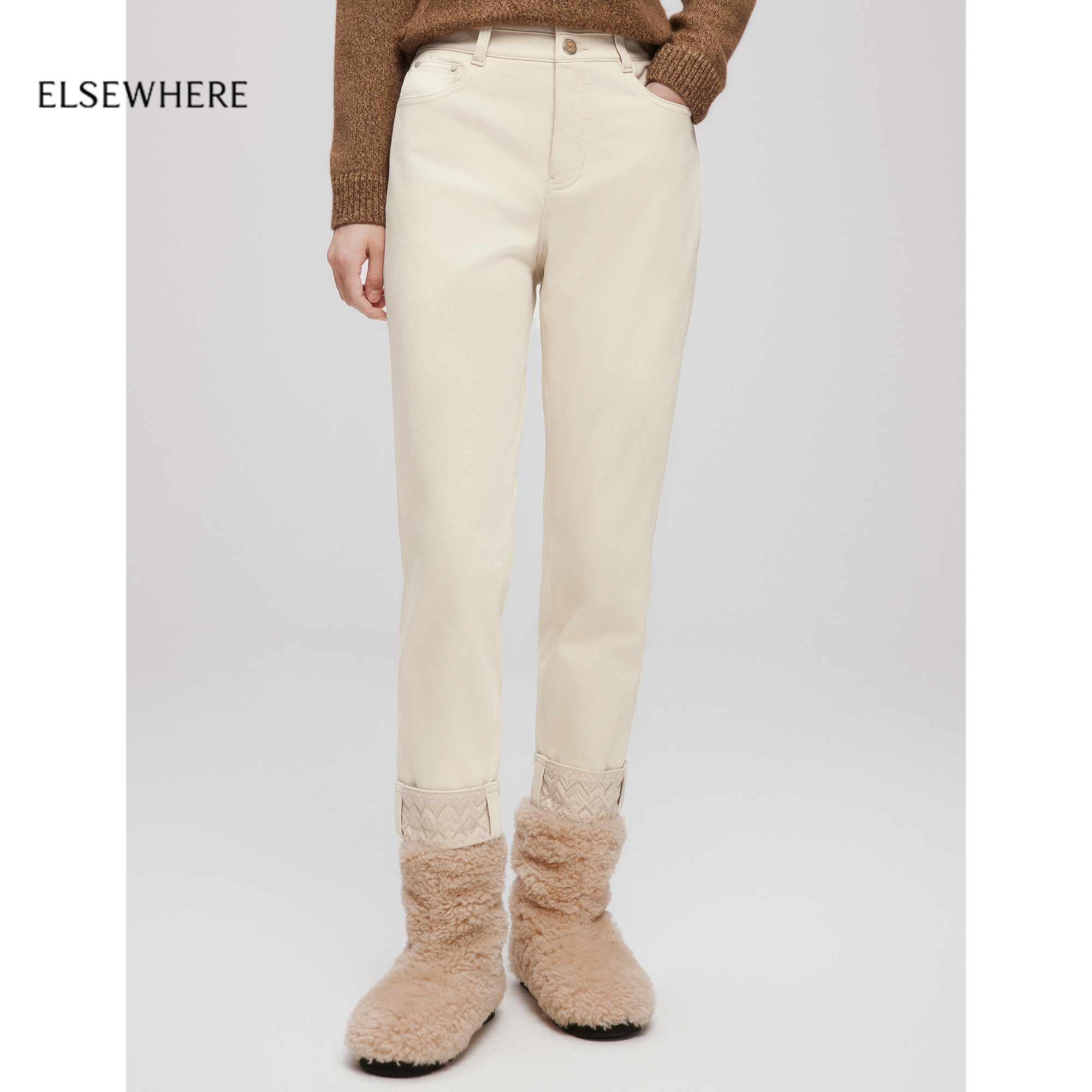 【新疆长绒棉】ELSEWHERE珂思商场同款翻边烟管牛仔裤2025冬新款 - 封面