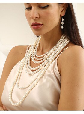 Layered Faux Pearl Necklace, Long Sweater Necklace for Women