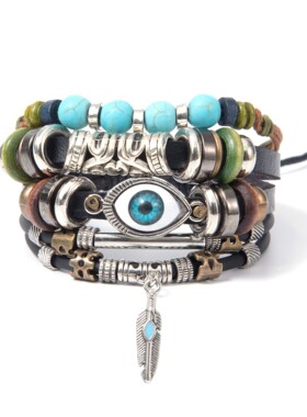 Vintage Couples Layered Bracelet Leather & Wood Bead Jewelry