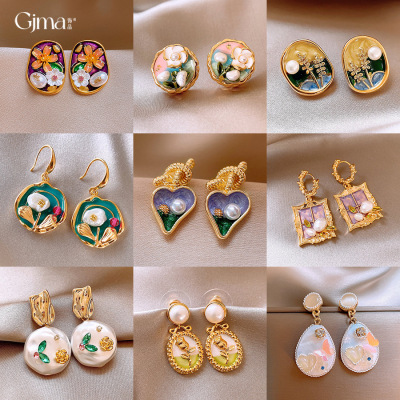 Oil Painting Style Heart-shaped Pearl Drop Dangle Earrings