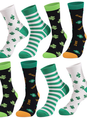 Green Shamrock Jacquard Socks - Thick Mid-Calf Cotton Socks
