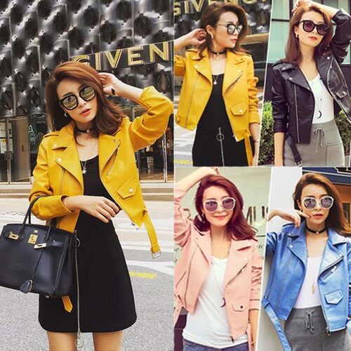 Women's Cropped Slim Fit Faux Leather Biker Jacket 皮衣女款