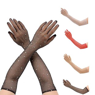 Shiny Rhinestone Fishnet Gloves for Halloween Carnival Party
