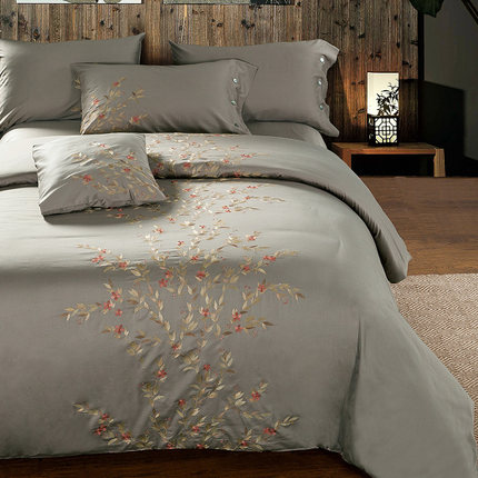 七好啄木鸟全棉刺绣四件套60S长绒棉贡缎绣花纯棉床上用品1.8m