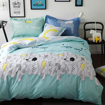 七好啄木鸟纯棉四件套全棉卡通北欧风1.8m床单被套简约床上用品