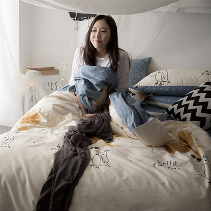 七好啄木鸟纯棉斜纹简约四件套1.8m床上用品春全棉1.5米床单韩式