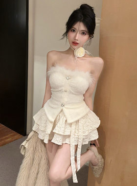 18YXD5420欧美2026跨境外贸女纯欲风毛毛裹胸上衣蛋糕半身裙套装