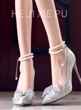 2026春季超火蝴蝶结尖头高跟鞋珍珠链银色公主鞋新款成人礼单鞋女