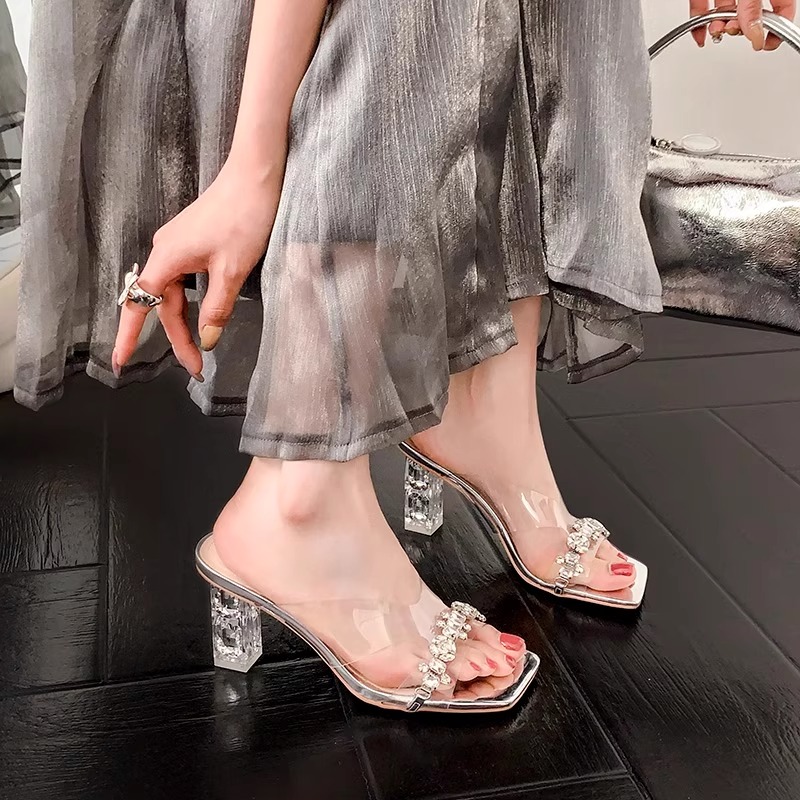 凉鞋女夏高跟一字带露趾外穿拖鞋