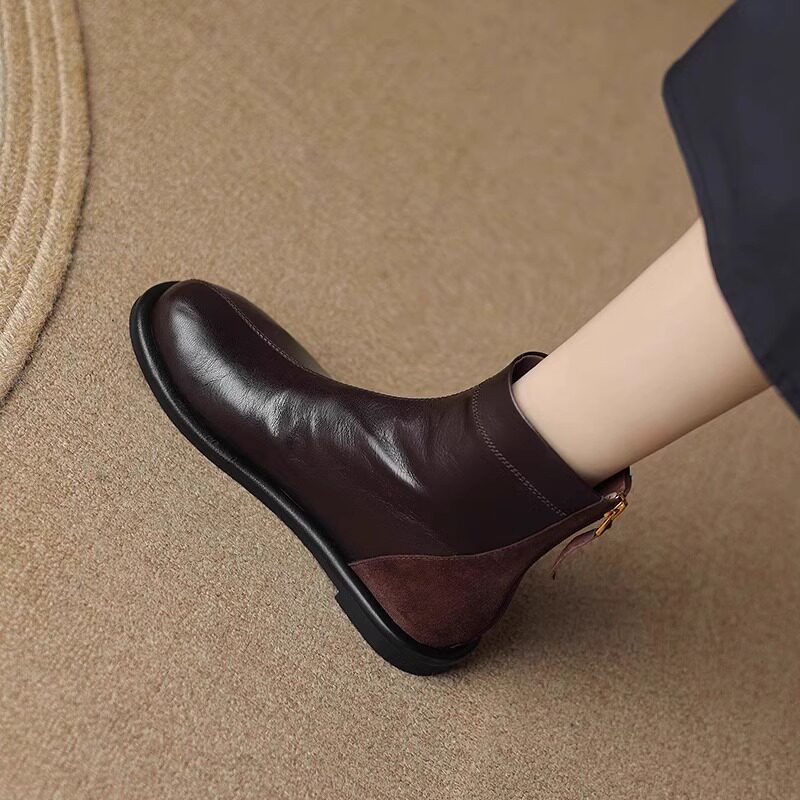 秋冬英伦风平底马丁靴女复古拼接圆头软皮软底百搭瘦瘦靴及踝靴女