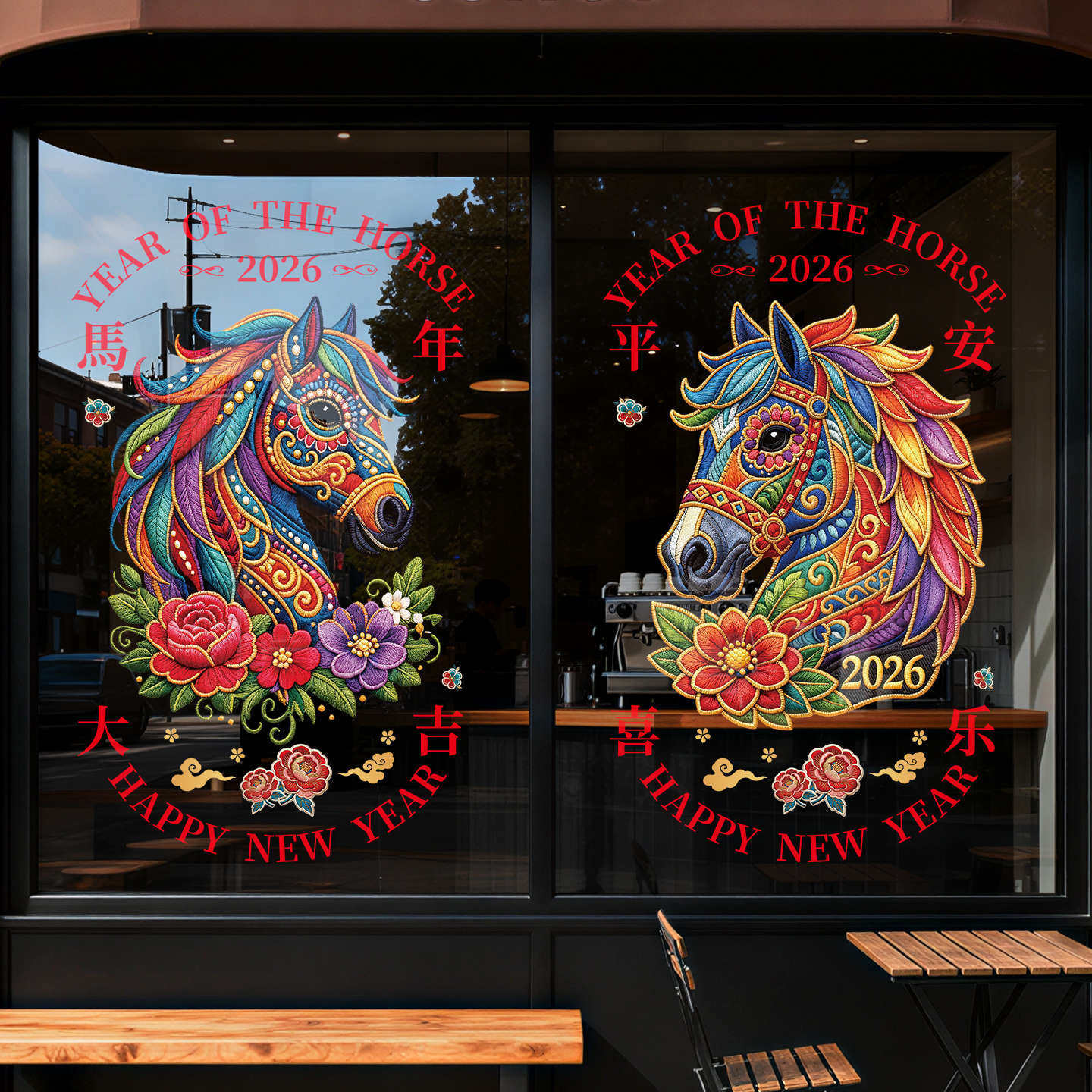 爱都春节刺绣马静电贴闪粉贴纸马年新年布置商场橱窗装饰玻璃门,家居饰品,软装墙贴,淘宝优惠券,粉丝福利购,淘宝优惠卷