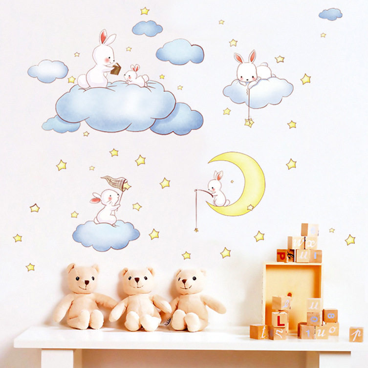 星星月亮可爱兔子睡房屋顶墙贴纸
