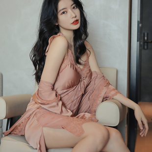 丝绸睡袍薄款短裙两件套装秋季性感睡衣女春秋天长袖冰丝吊带睡裙