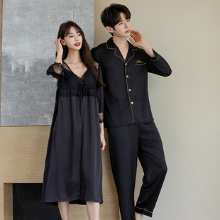 情侣睡衣高级感黑色长袖套装男女睡裙带胸垫长款晨袍两件套冰丝绸