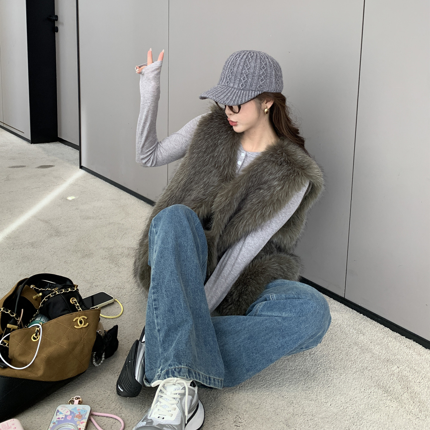 秋冬韩版百搭环保狐狸毛皮草马甲女上衣加厚保暖V领氛围感马夹
