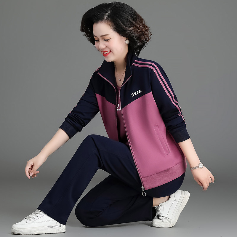 中老年女休闲运动服套装春秋季中年妈妈装三件套纯棉拼色韩版宽松