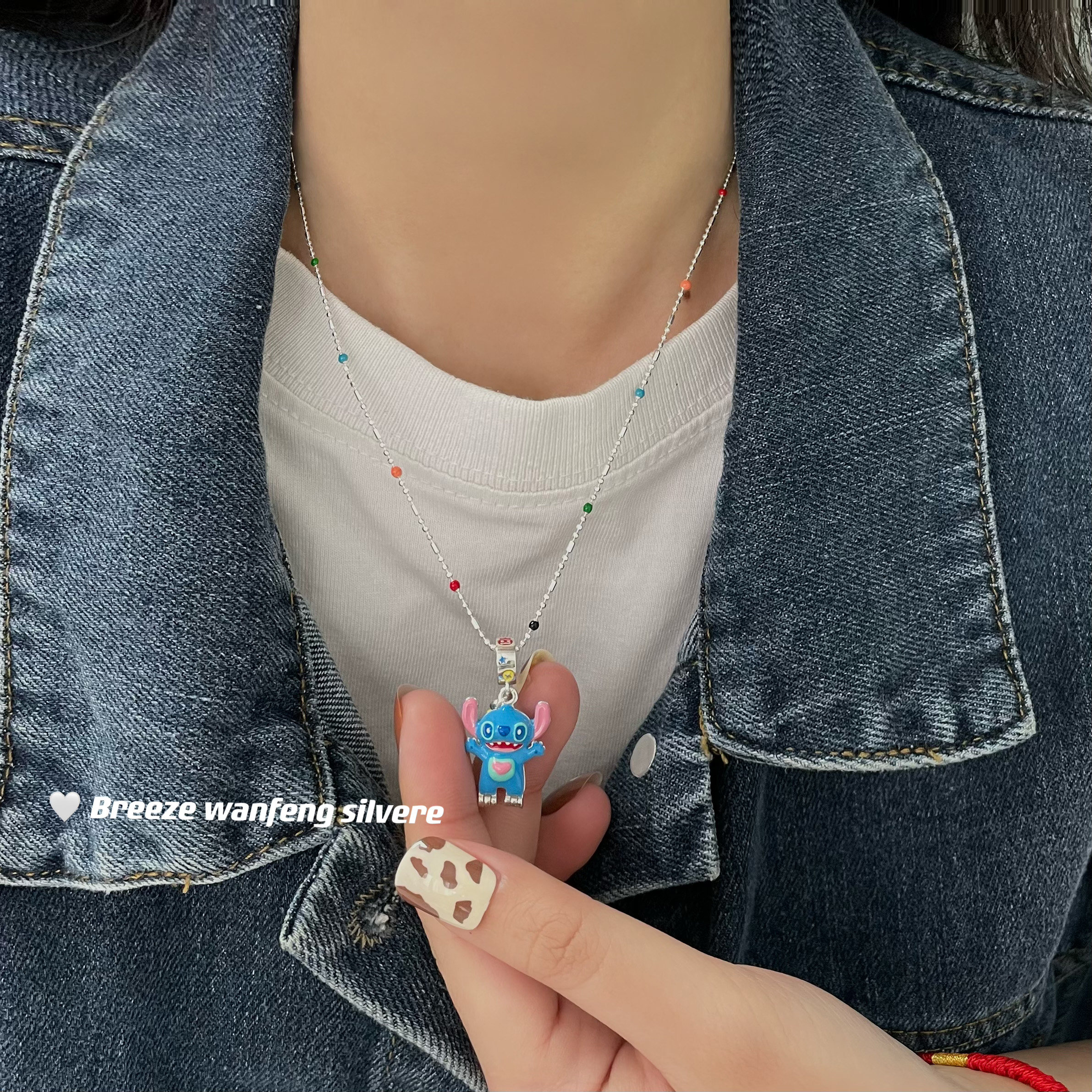 s925纯银卡通史迪仔可打开小手机珐琅吊坠项链小众卡哇伊卫衣链