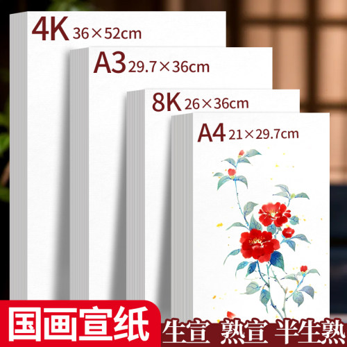 4K国画宣纸书法练字专用8K生宣A4熟宣A3半生半熟加厚画画美术作品纸白色幼儿园小学生初中生毛笔字练习工笔画