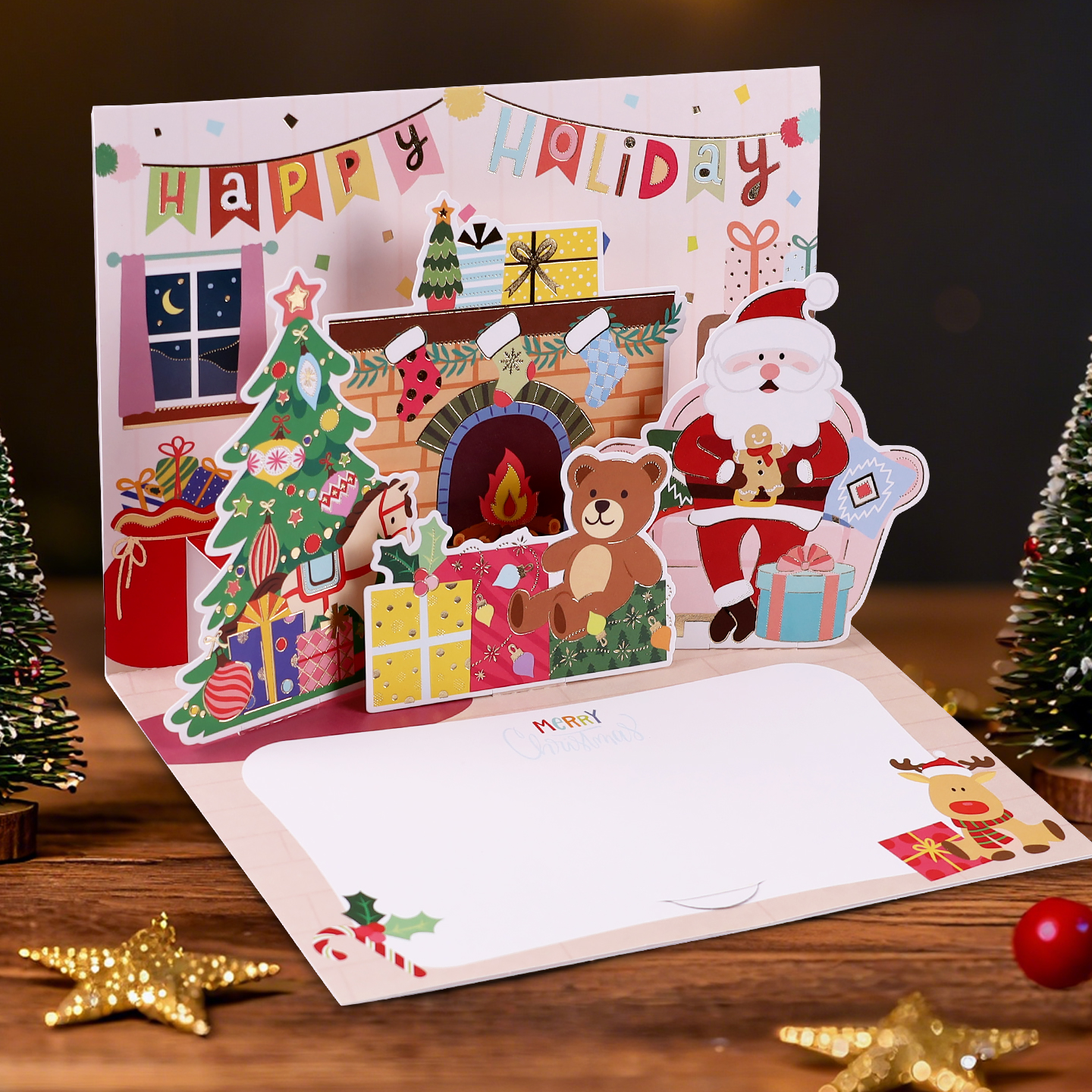 圣诞3D立体贺卡高级感圣诞节节日祝福折叠留言卡手写空白卡片英文创意儿童宝宝平安夜礼物糖果苹果礼盒明信片