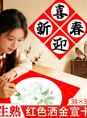 红色洒金宣卡38x38cm手写毛笔字书法专用作品纸半生半熟国画宣纸卡纸镜片纸加厚万年红斗方春节福字红纸硬卡