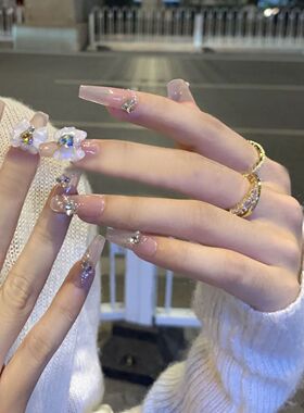 手工光疗穿戴甲海派甜心甲批发成品重复使用美甲贴片短款蝴蝶结