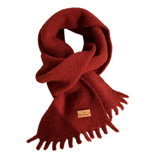 韩系新款高级感字母皮标羊毛红色围巾 女冬季保暖短款护颈小围脖