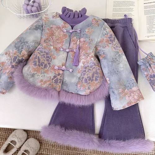 新款女童三件套加绒中国风拜年服