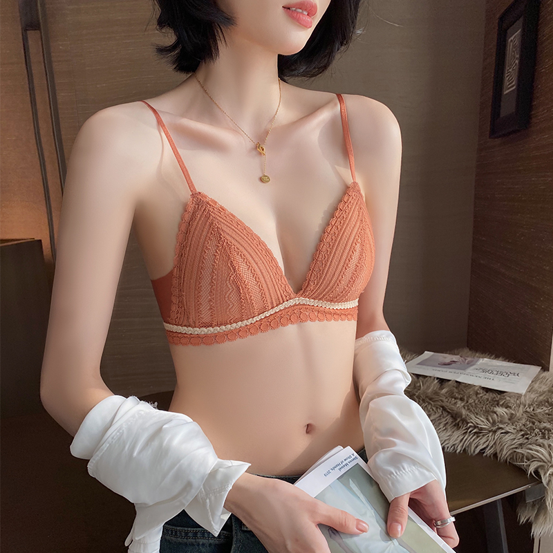 法式三角杯内衣女夏薄款小胸无钢圈性感蕾丝细肩带U型美背文胸罩