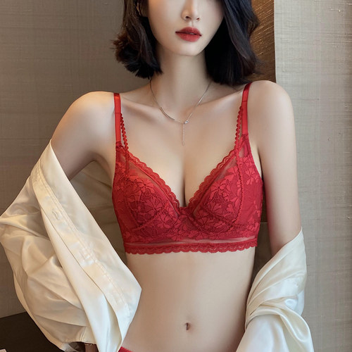 红色内衣女法式薄款大胸显小