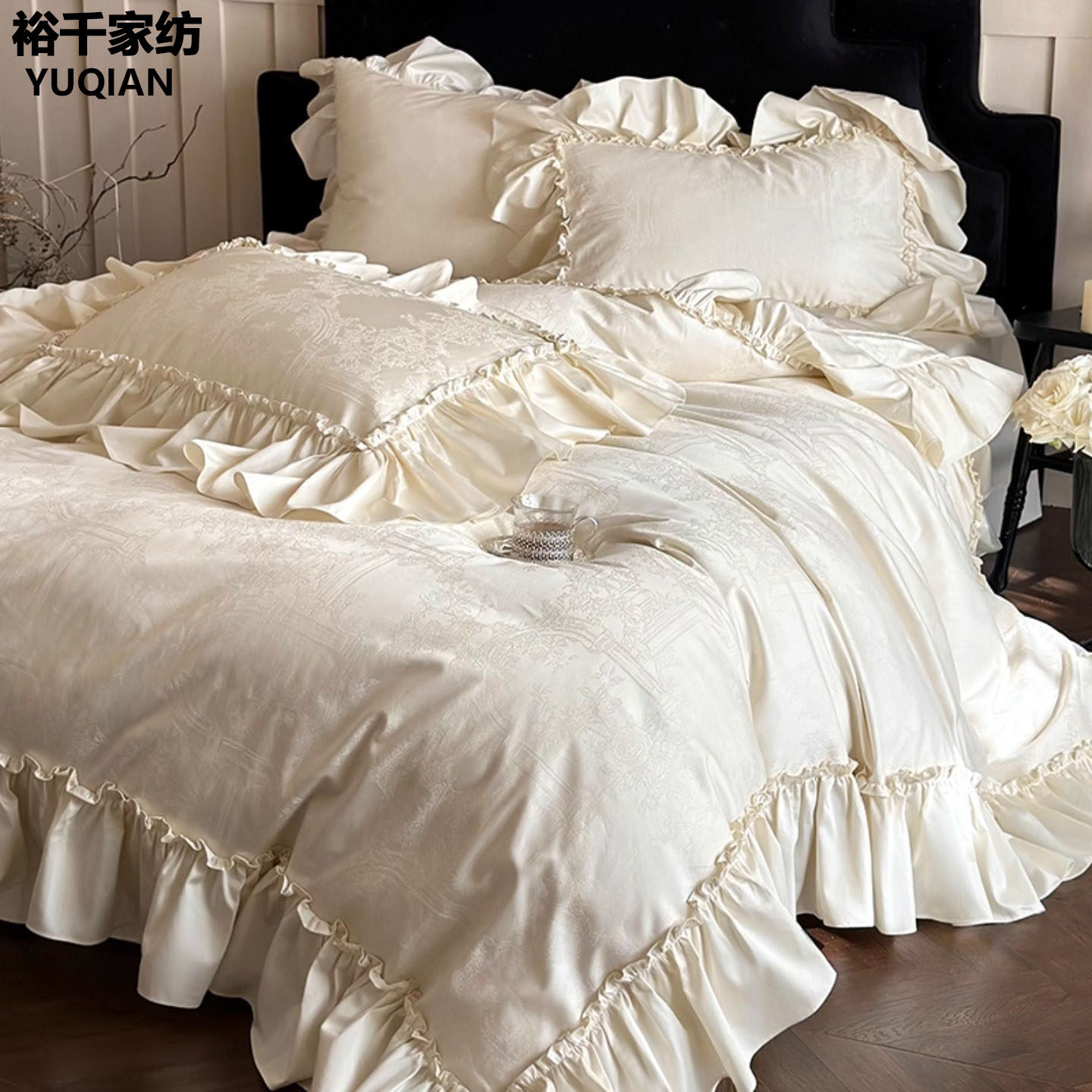奶油贡缎全棉秋冬四件套100纯棉荷叶边轻奢主卧室被套高级感床品