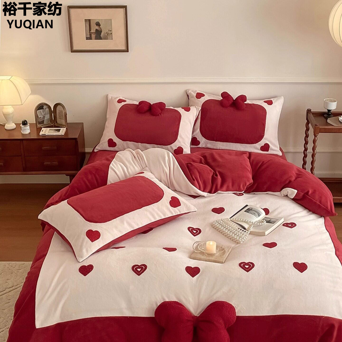 冬季高克重牛奶绒四件套珊瑚法兰绒加厚被套床单床品结婚红色被套