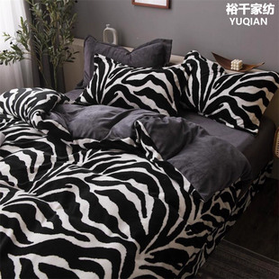 轻奢高级感豹纹牛奶绒四件套冬季加绒珊瑚绒床品斑马纹主卧室床单