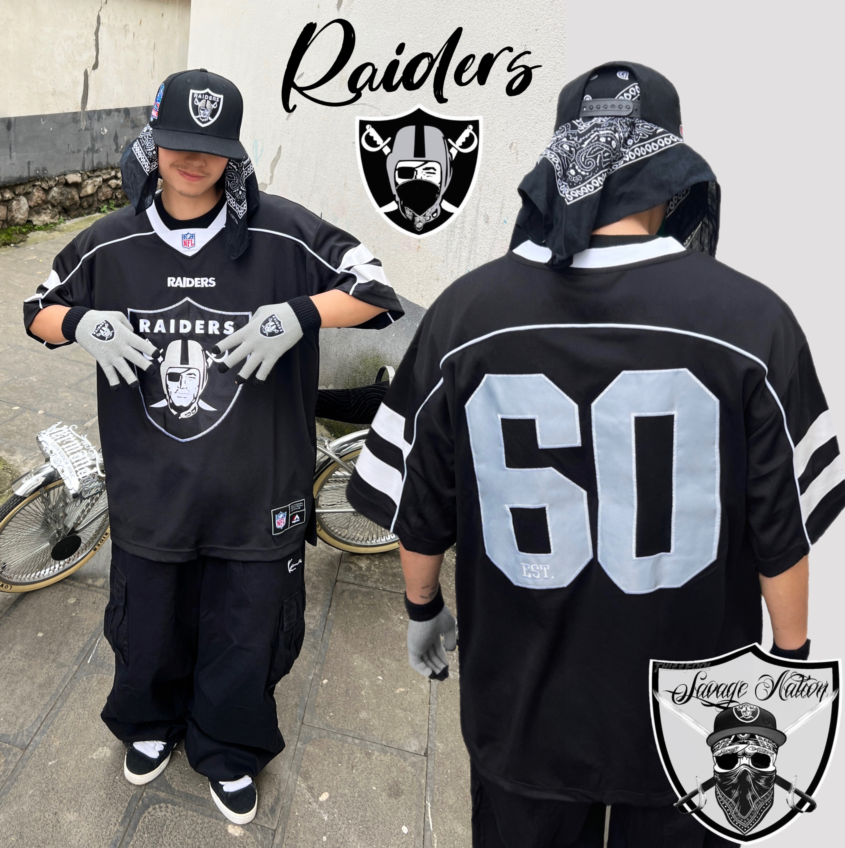 raiders突袭者重磅logo全刺绣美式速干网眼嘻哈街头宽松复古球衣