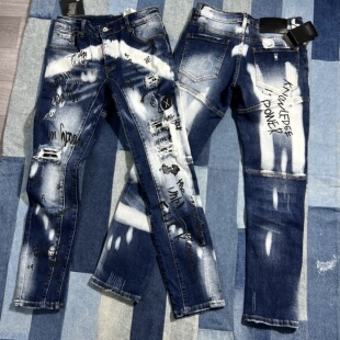 广州高版本D2潮牌牛仔裤男无小人印花修身小脚破洞弹力喷墨乞丐裤