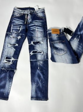 广州高版本D2潮牌牛仔裤男拉链轻奢破洞补丁油漆修身小脚乞丐长裤