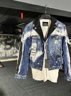 春秋季轻奢美式D2牛仔外套假两件男修身潮流欧美潮牌沷墨帅气夹克