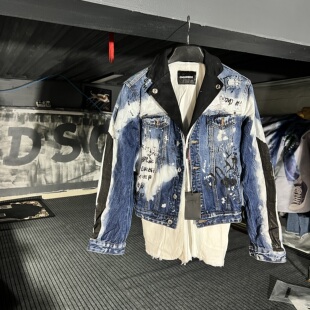 潮流欧美潮牌沷墨帅气夹克 D2牛仔外套假两件男修身 春秋季 轻奢美式