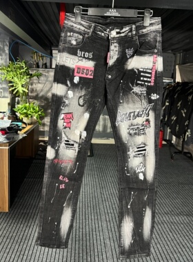 广州D2高版本潮牌黑色牛仔裤长裤破洞修身牛仔裤印花小脚男女长裤