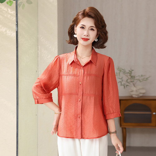 2026新款夏季七分袖开衫衬衣遮肉显瘦气质百搭中老年40岁50妈妈装