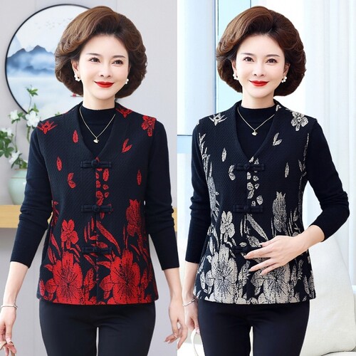 中老年人妈妈春秋装V领盘扣国风马夹外套女宽松显瘦外穿坎肩背心
