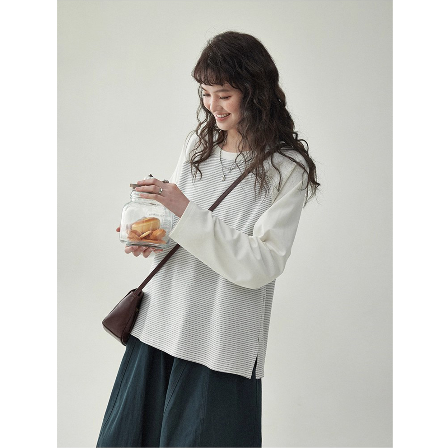 北dao 日系宽松插肩袖拼色条纹棉T恤女2025春秋新长袖百搭上衣女