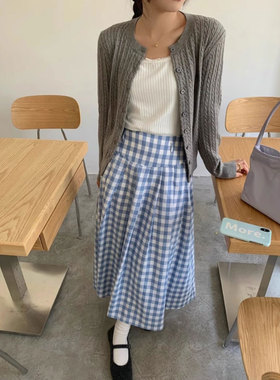tryolo家 天丝棉 春季新款高腰格纹半身裙女显瘦a字裙长裙伞裙