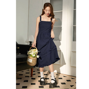 公司单 吊带裙女夏装小个子长裙显瘦百搭木耳边无袖连衣裙裙子